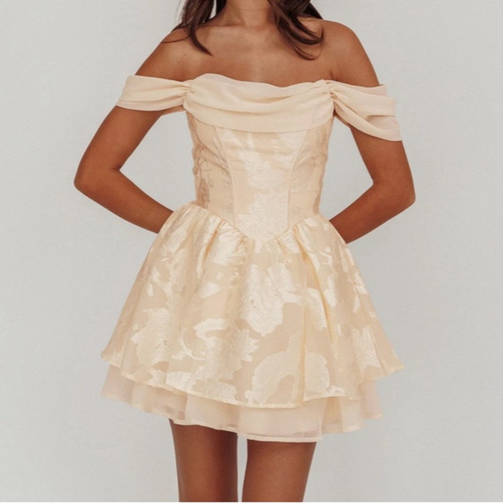 Selfie Leslie Off Shoulder, Corset Back Cream Dress